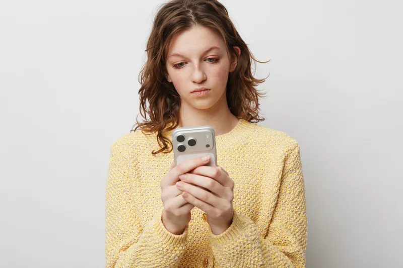 Young woman in yellow sweater looks worried while holding smartphone with both hands. Isolated on white background. Concept of anxiety, social media stress, and digital communication.