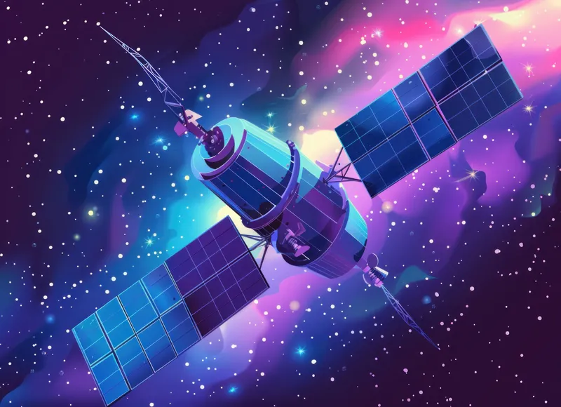 Художественное изображение спутника на потрясающем космическом фоне с красочными туманностями и звездами