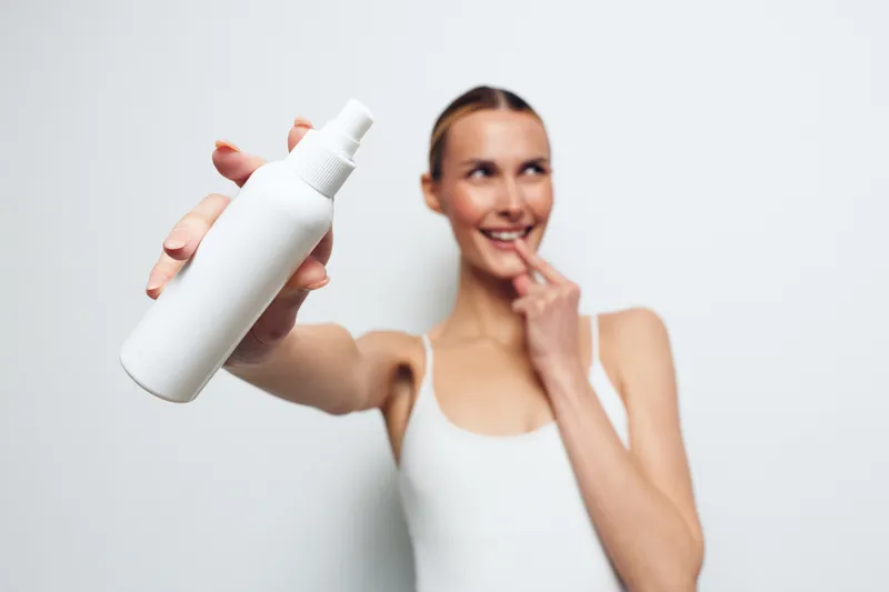 A smiling woman holds a white spray bottle in a bright studio, illustrating a skincare routine concept, with emphasis on moisturizer, beauty care, and selfcare for healthy skin.
