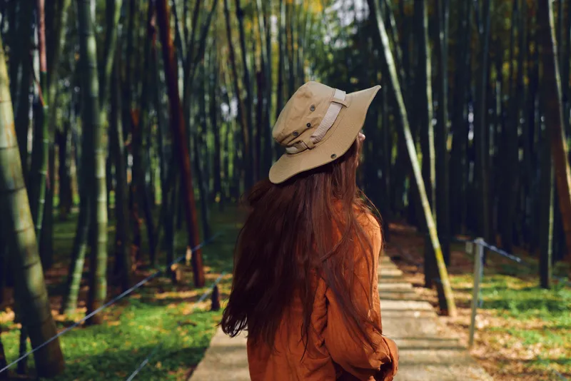 Woman wearing hat walking on a bamboo path in nature, back view with long hair on a serene forest trail and wooden walkway, traveler exploring green grove and peaceful outdoor scene