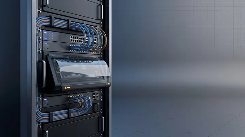 Реалистичная 3D-техническая визуализация защищённой серверной стойки, консоли мониторинга, организованных оптоволоконных кабелей и защитной панели слева с чистым свободным пространством