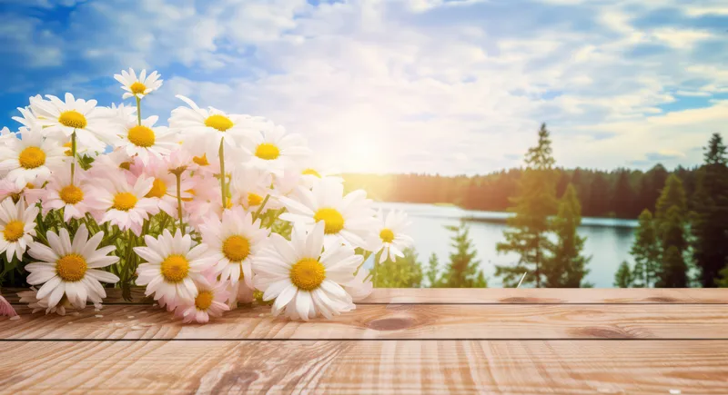 Цветы, ромашка, природа, флоральный, деревянный фон, маргаритки, красота, зеленый, цветение, весенний фон, яркий, белый, желтый, растение, дерево, стол, лето