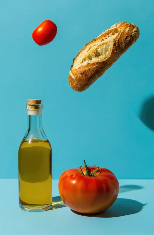 Бутылка оливкового масла рядом со спелым помидором и буханкой хлеба, все расположено по центру на ярком голубом фоне