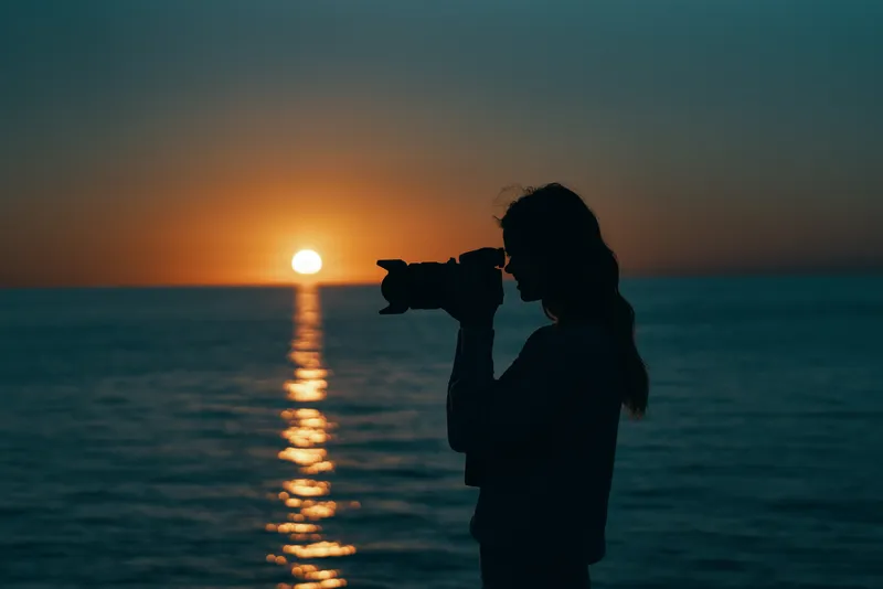 Женщина-фотограф у моря на закате, пейзаж, макросъемка