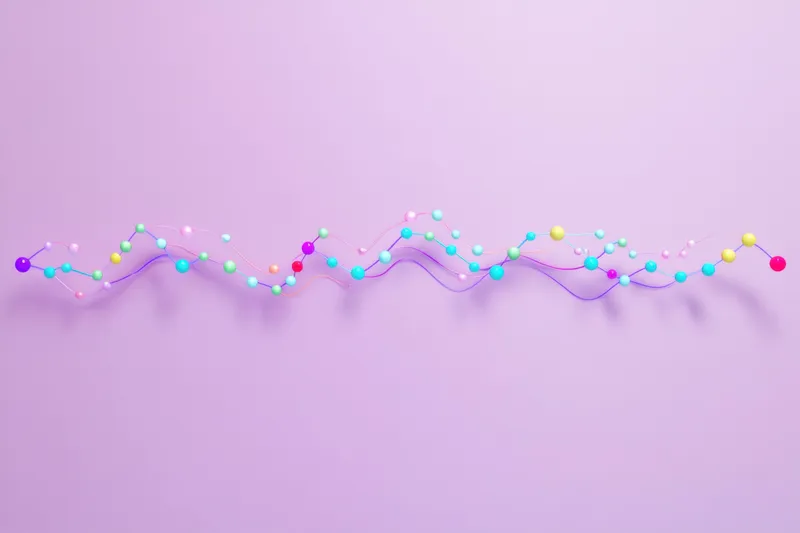 Яркая 3D-молекулярная структура с разноцветными сферами и лентами на фиолетовом фоне, иллюстрирующая научные концепции и креативность в современном абстрактном стиле