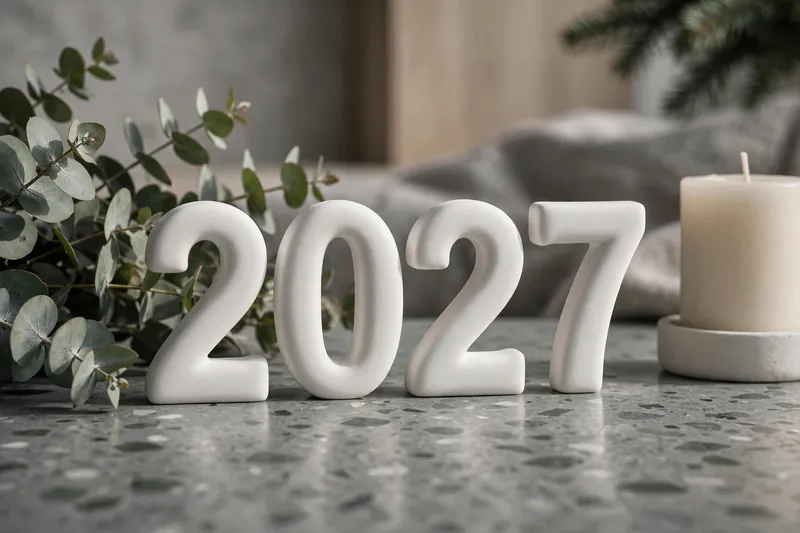 Белые цифры 2027 с эвкалиптом и свечой на столе