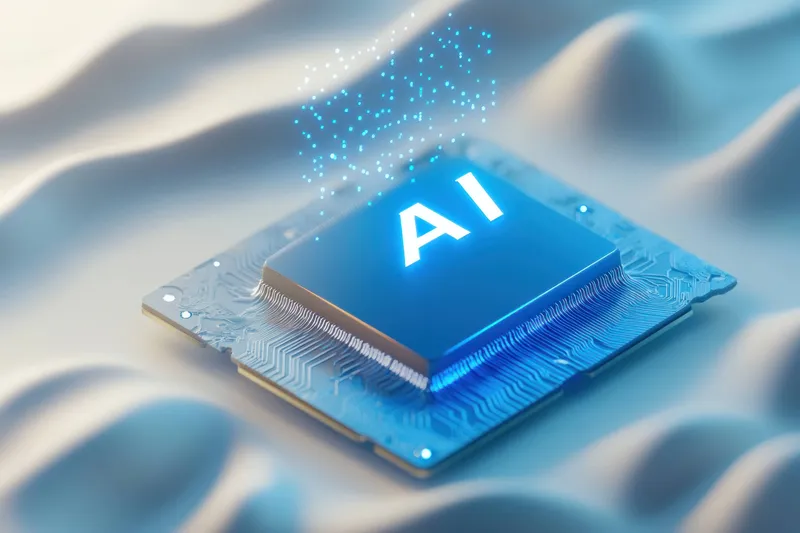 Светящийся микрочип с текстом "AI" символизирует передовые технологии