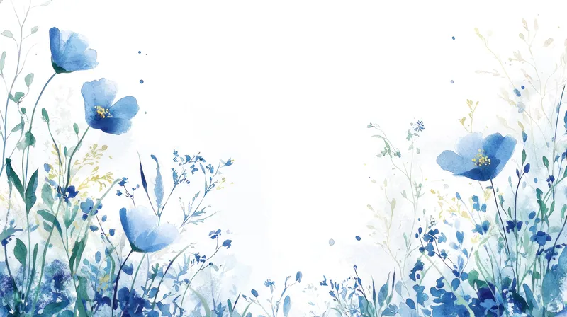 Элегантный акварельный цветочный дизайн с голубыми цветами и нежной зеленью, идеально подходящий для сезонных открыток, приглашений и различных творческих проектов