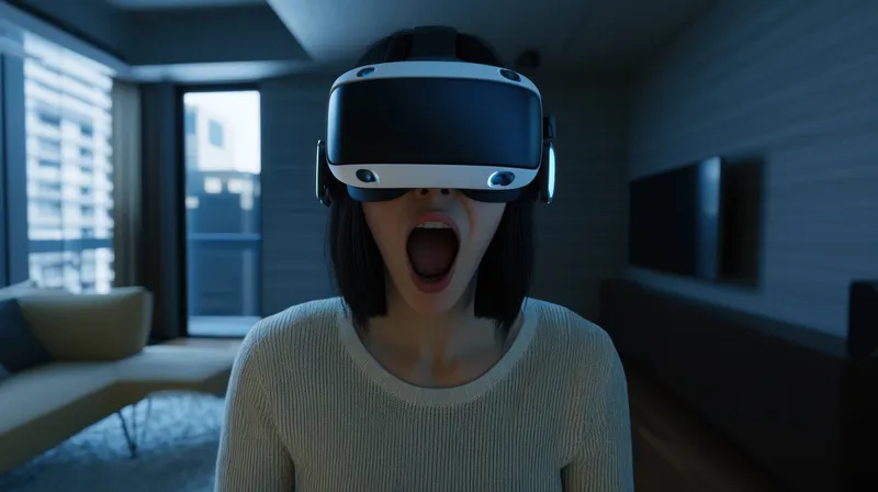 Молодая женщина в VR-шлеме выражает сильные эмоции, такие как волнение и удивление, на фоне современной гостиной, что подчёркивает культуру иммерсивных игр