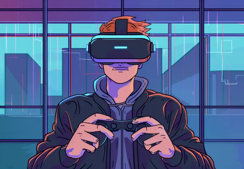 Геймер, погруженный в опыт виртуальной реальности, в шлеме VR и с игровым контроллером в руках, в окружении разноцветных огней и элегантной архитектуры
