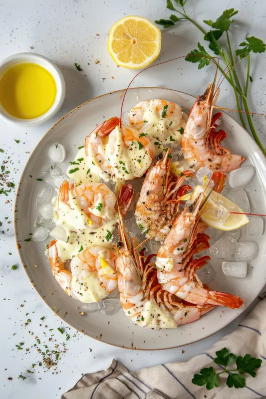 Вкусная тарелка с креветками и лимоном, украшенная петрушкой
