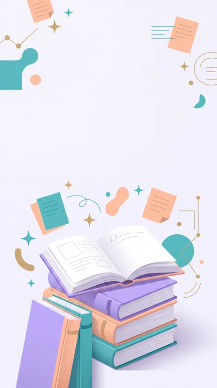 Вертикальная иллюстрация на тему знаний со стопками книг и открытой книгой в ярких пастельных тонах, чистая композиция и достаточно места для текста для образовательного контента