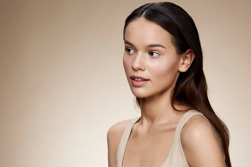 Portrait of a young woman with a natural look, neutral colors, and subtle expression, symbolizing beauty and confidence in the realm of skincare and cosmetics