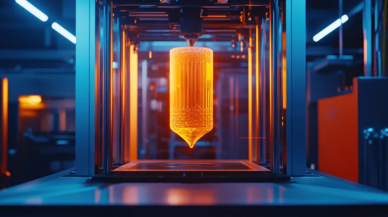 Крупный план работающего революционного 3D-принтера со светящейся оранжевой нитью в процессе печати