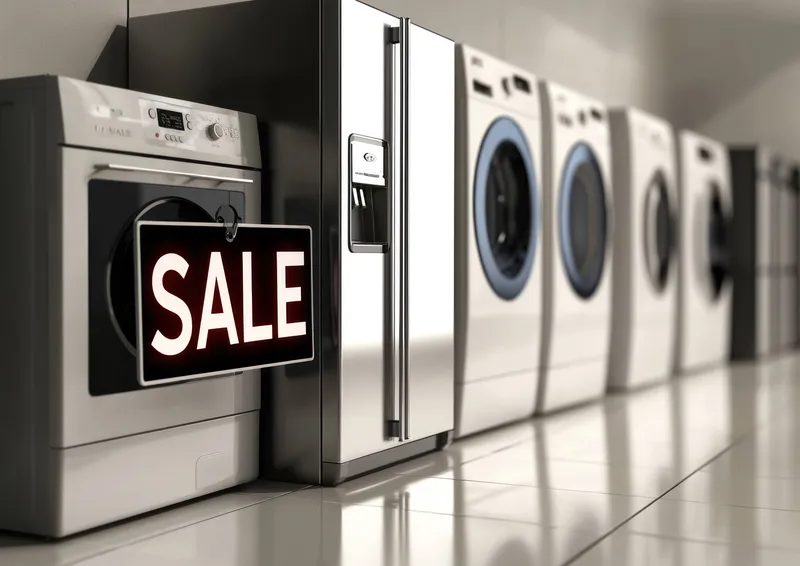 Чистая и светлая витрина современного магазина бытовой техники с вывеской SALE