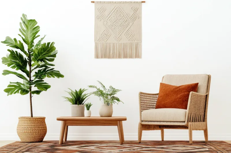 Интерьер гостиной в современном богемном стиле с растениями, уютным креслом, плетеным настенным панно и теплыми цветами, создающими приглашающую и умиротворенную атмосферу