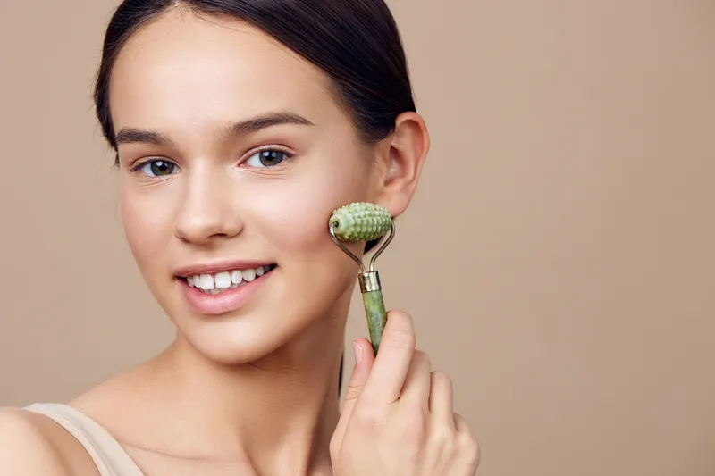 Young woman using a jade roller for skincare on beige background, smiling and promoting healthy beauty routines with a natural look