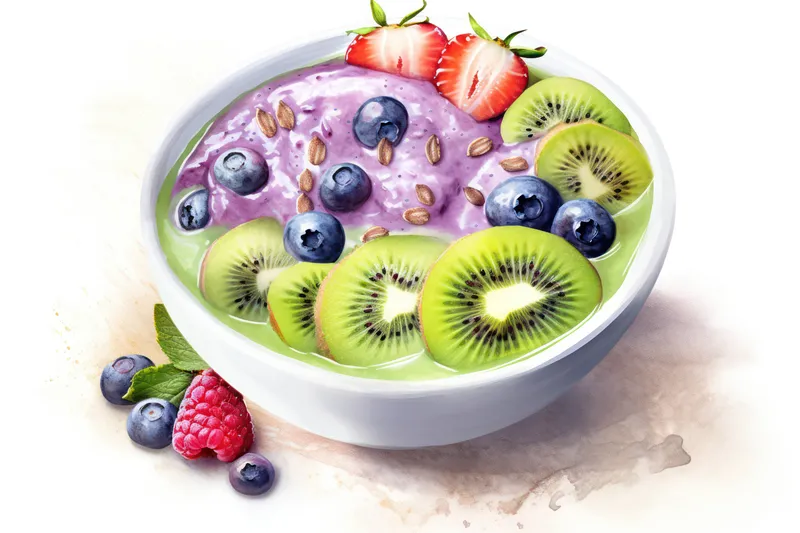 Миска со свежими ягодами и фруктами: клубникой, киви, черникой