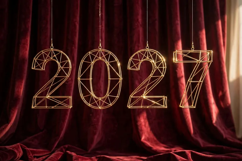Светящиеся цифры 2027 на фоне бордового бархата