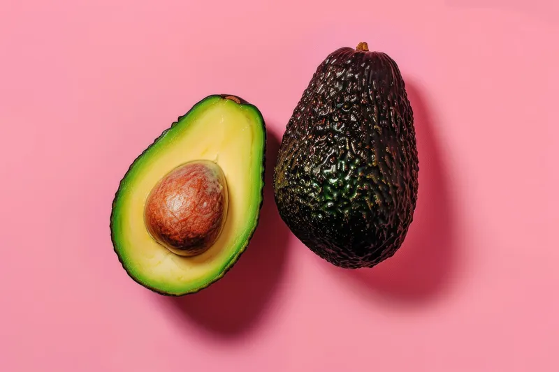 Два спелых авокадо на розовом фоне с копией под текст «avocado»