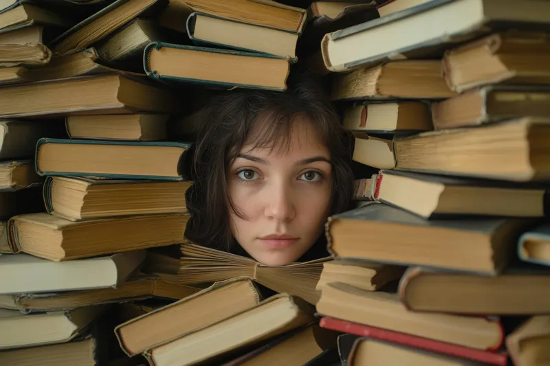 Задумчивая молодая женщина в окружении стопки книг, выражающая любопытство и самоанализ в теплой, располагающей атмосфере