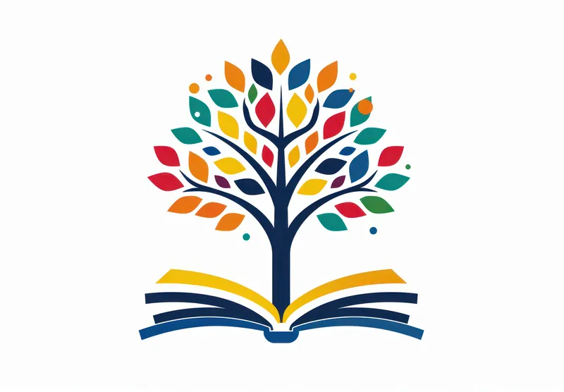 Открытая книга с разноцветными листьями и деревом посередине, символизирующая знания и рост в природе