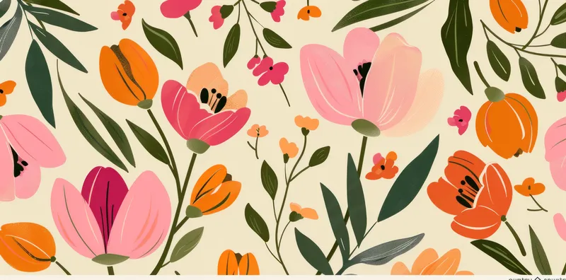 Яркая и живая цветочная иллюстрация с изображением различных цветов в оттенках розового, оранжевого и желтого на светло-бежевом фоне