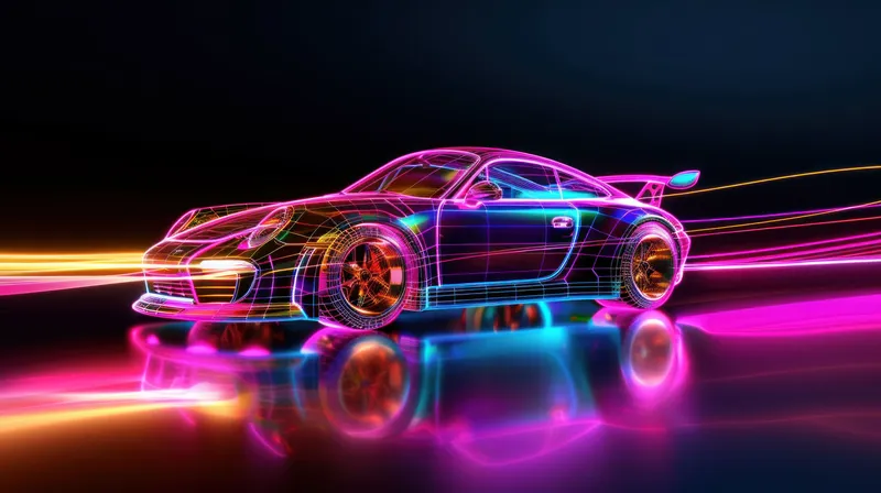 Спортивный автомобиль в стиле неонового каркаса, освещенный динамическими световыми линиями на темном фоне