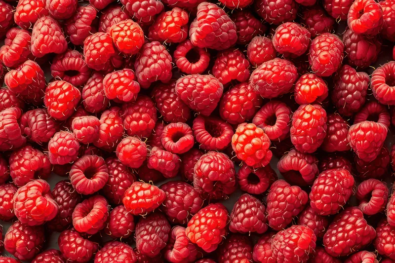 Сочные спелые ягоды малины на свежем красном фоне, вкусный и полезный летний урожай фруктов от природы