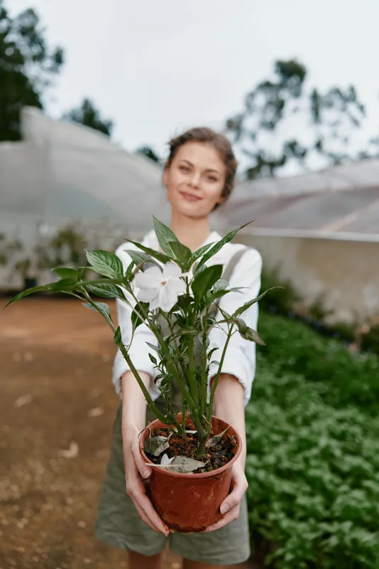 Young woman holding a potted plant in a greenhouse with a joyful expression, dressed in casual attire, showcasing a connection with nature in a serene environment