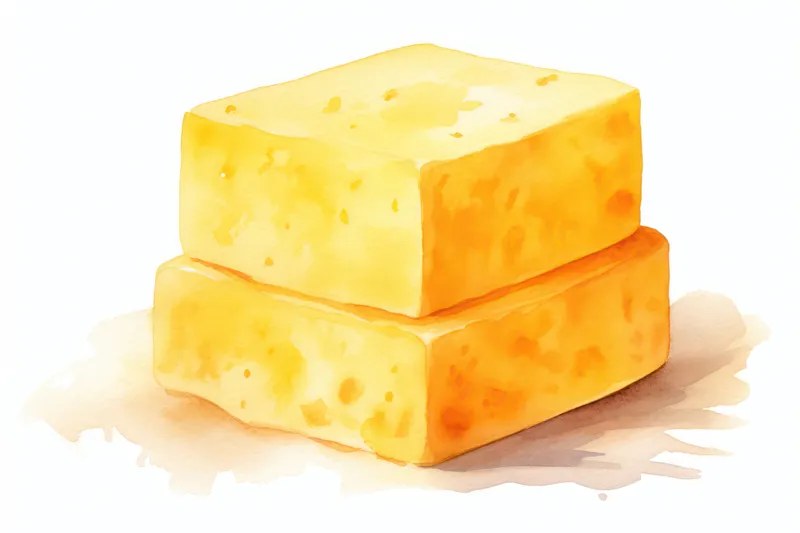 На деревянном фоне лежит белый органический молочный продукт — твёрдый сыр чеддер в виде цельного блока и нарезанного ломтика