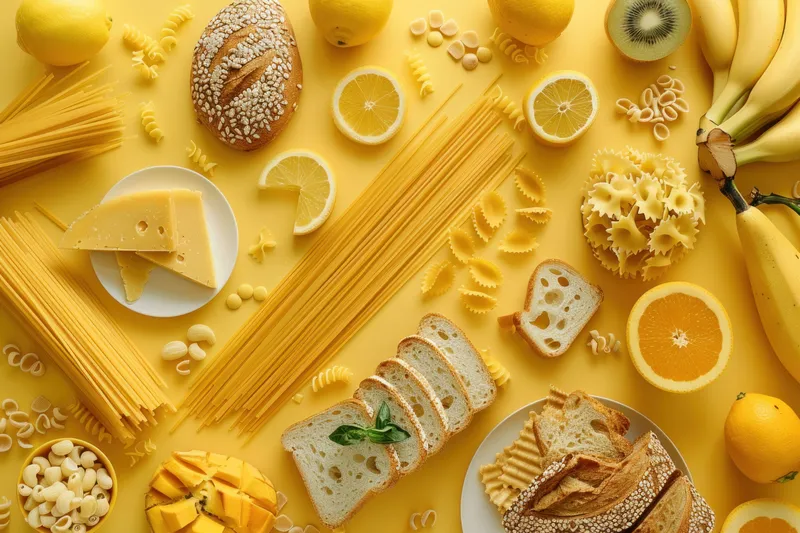 Красочная плоская композиция из макарон, хлеба, фруктов и сыра на солнечной желтой поверхности, создающая жизнерадостную и уютную атмосферу