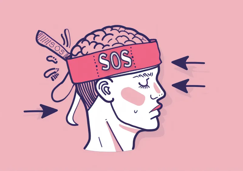 Умная мультяшная голова с мозгом в повязке, отправляющая сигнал SOS о помощи и поддержке