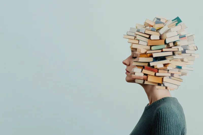 Это художественное изображение женщины с книгами, собранными на голове, символизирует груз знаний и творчества