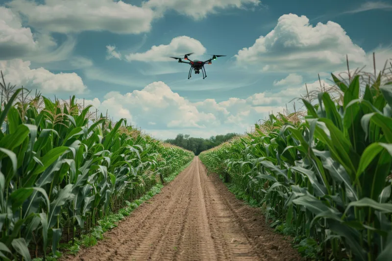 Вид с воздуха: дрон пролетает над сочным кукурузным полем на фоне голубого неба с облаками