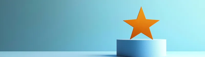 Яркая оранжевая звезда, помещенная на минималистичный пьедестал на фоне успокаивающего голубого фона, олицетворяющая успех, достижение и триумф в различных контекстах