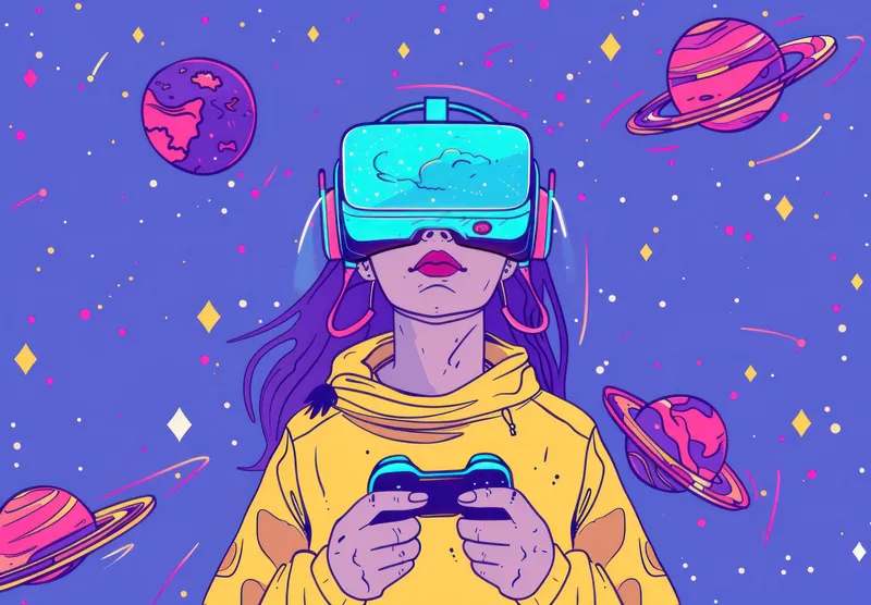 Яркая иллюстрация девушки в жёлтой толстовке, использующей VR-очки, в окружении красочных планет на глубоком фиолетовом космическом фоне, символизирующая захватывающий игровой опыт