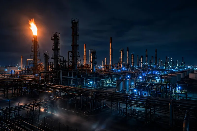 Ночной нефтеперерабатывающий завод с факелом и огнями