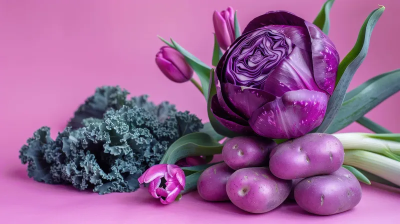Яркая композиция из фиолетовой капусты, картофеля, листовой капусты и тюльпанов на ярко-розовом фоне