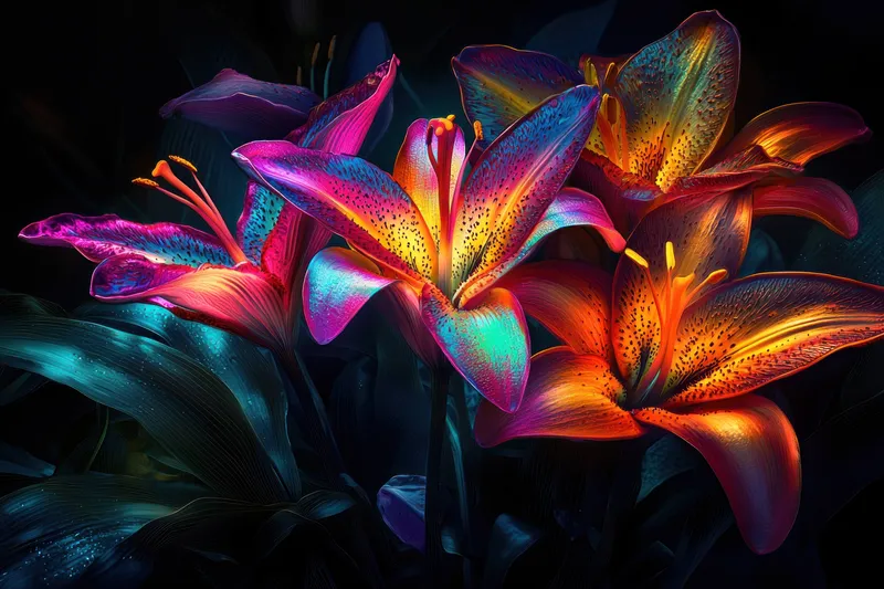 Красивая композиция из лилий всех цветов радуги, освещенная динамичным светом, подчеркивающим их сложные детали и яркие цвета, идеально подходит для проектов на тему природы