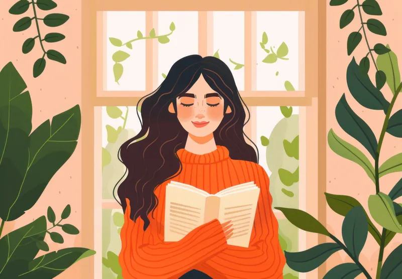 Женщина в оранжевом свитере читает книгу, сидя в окружении зеленых растений у окна, что создает умиротворенную сцену в помещении
