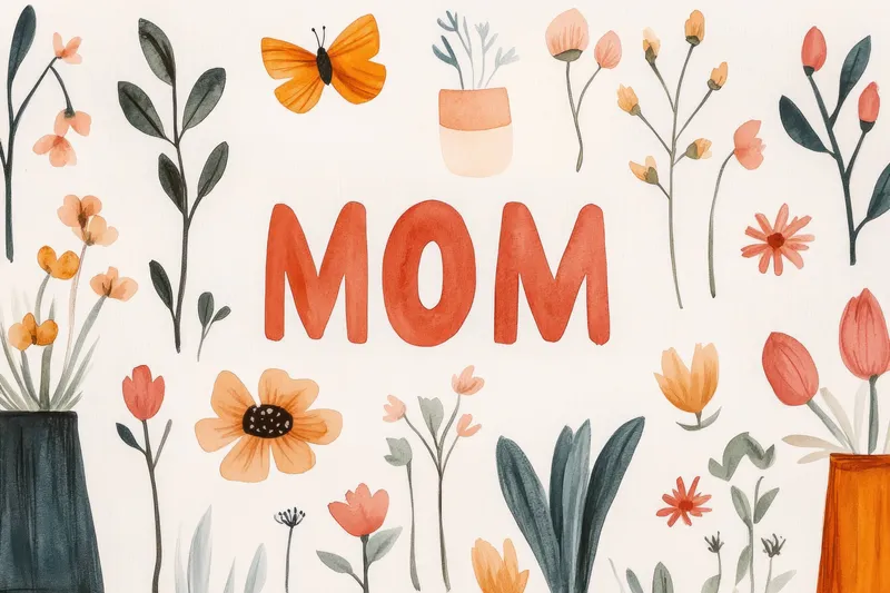 Веселая и красочная цветочная иллюстрация со словом MOM, окруженным различными цветами и бабочкой