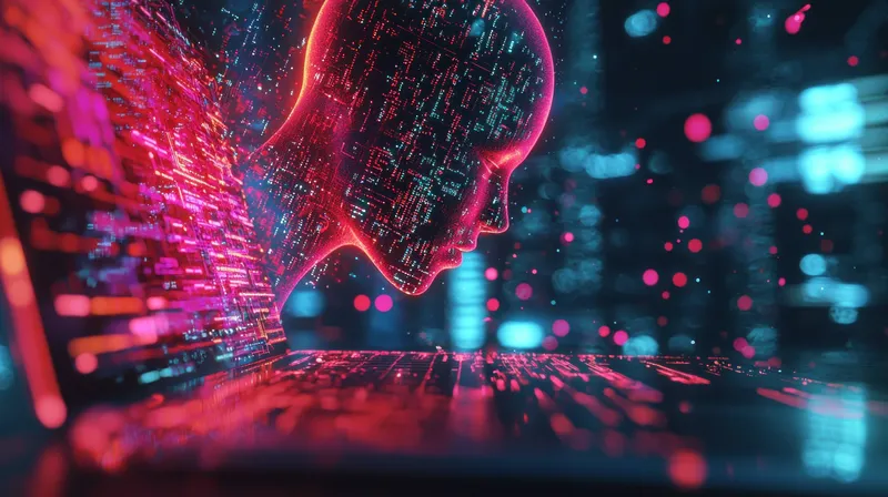 Яркая иллюстрация гуманоидной фигуры, состоящей из цифровых данных, появляющейся из ноутбука