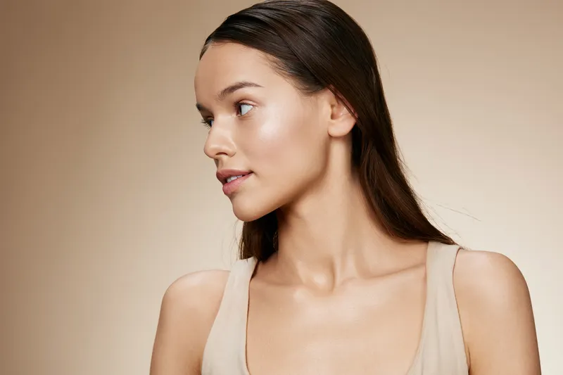 Portrait of a young woman with long brown hair, natural makeup, in a beige top against a warm background, reflecting elegance and confidence