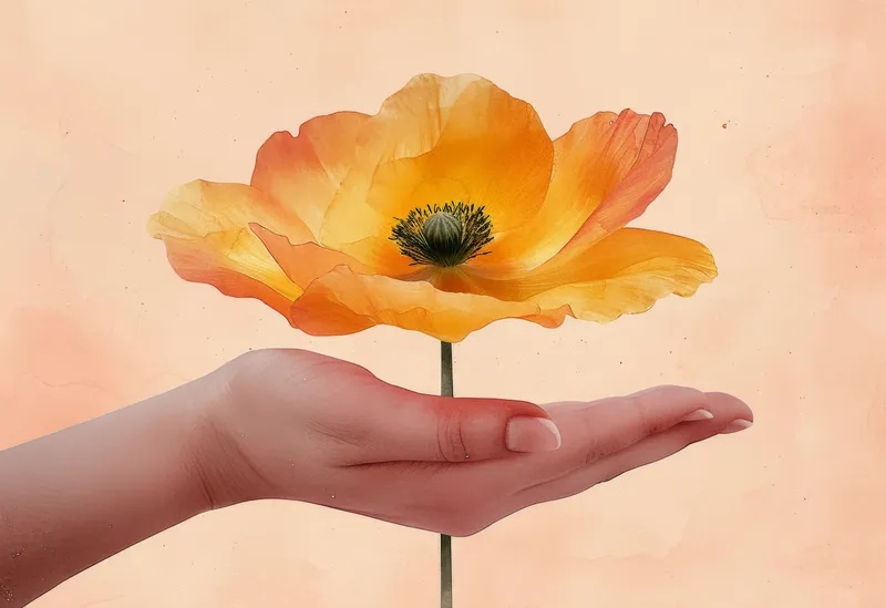 Рука держит оранжевый цветок мака на бежевом фоне с надписью "Poppy"