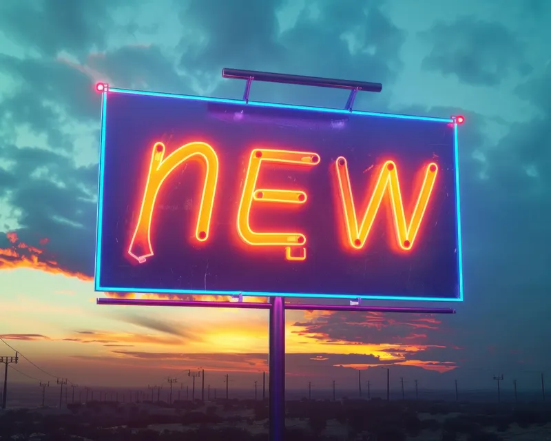 Светящаяся неоновая вывеска со словом "new", выполненная в ярких цветах, на фоне красочного неба во время заката