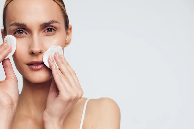 Young woman skincare routine, applying face cream with cotton pad, gentle care on clean skin, closeup portrait, bright studio light, white background, minimal makeup.