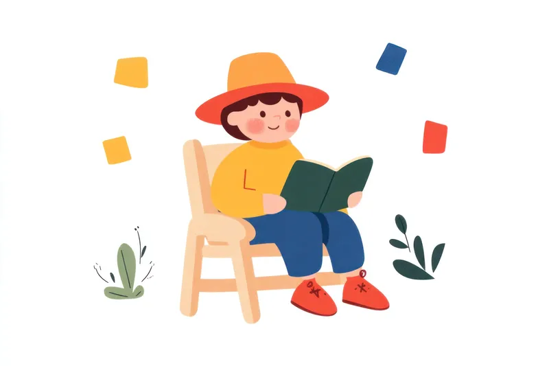 Радостный ребенок в соломенной шляпе, увлеченно читающий книгу, одетый в желтую рубашку и синие штаны, дополненный красочными геометрическими фигурами