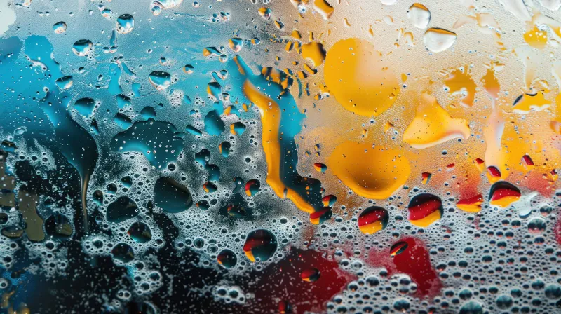 Капли воды на стеклянной поверхности создают абстрактный красочный фон с яркими желтыми и синими тонами, вызывающими ощущение свежести и художественности
