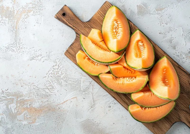 Вкусные ломтики оранжевой канталупы на деревенской разделочной доске, подчеркивающие их сочную текстуру и яркий цвет